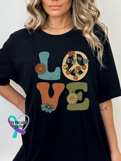 Retro Peace Love Floral Art Print Casual T-Shirt Black / S
