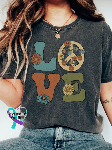 Retro Peace Love Floral Art Print Casual T-Shirt Dark Grey / S