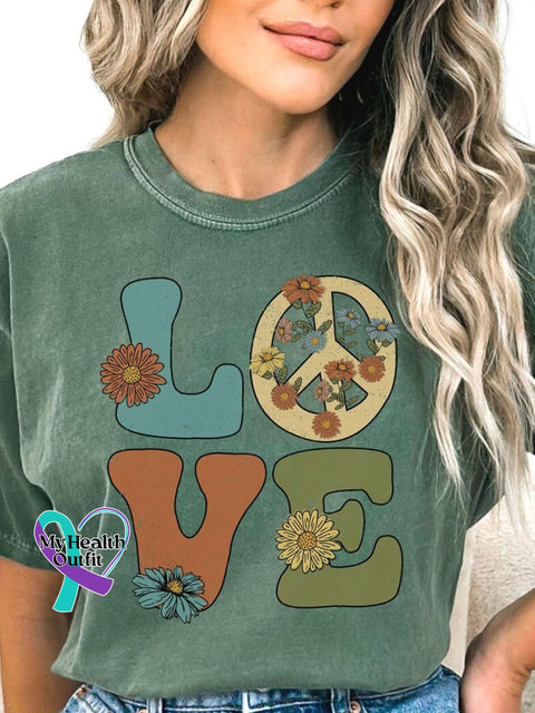 Retro Peace Love Floral Art Print Casual T-Shirt Green / S