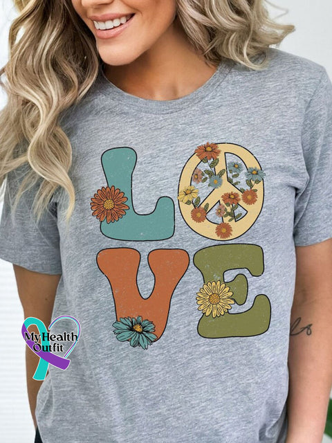 Retro Peace Love Floral Art Print Casual T-Shirt Grey / S