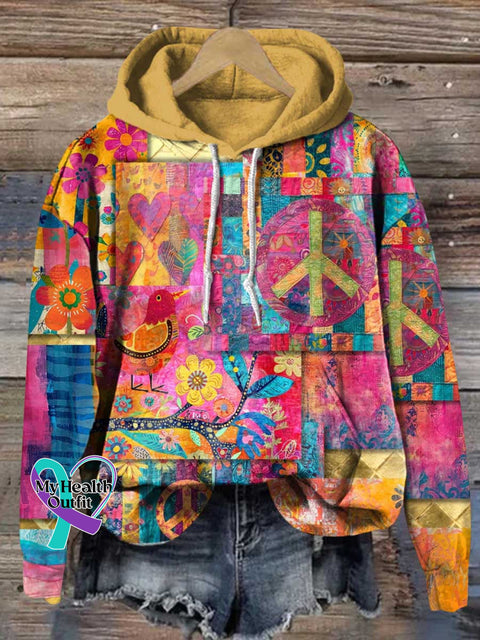Retro Peace Sign Floral Love and Peace Casual Hoodie Sweatshirt Multicolor / S