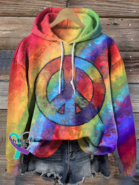 Retro Peace Sign Love And Rainbow Casual Hoodie Sweatshirt Multicolor / S