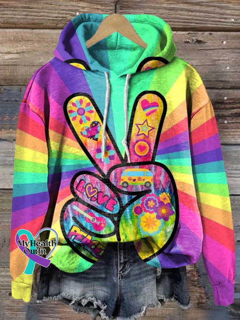Retro Peace Sign Rainbow Pattern Love And Art Casual Hoodie Sweatshirt Multicolor / S