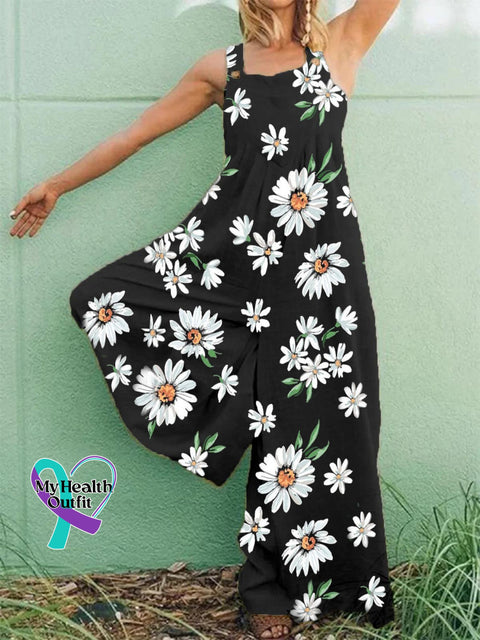 Retro Print Casual Loose Jumpsuit Black / S