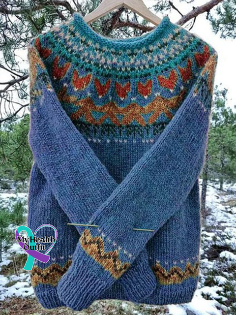 Retro Print Knit Crew Neck Pullover Sweater Blue / S