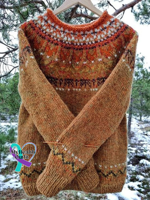 Retro Print Knit Crew Neck Pullover Sweater Orange / S