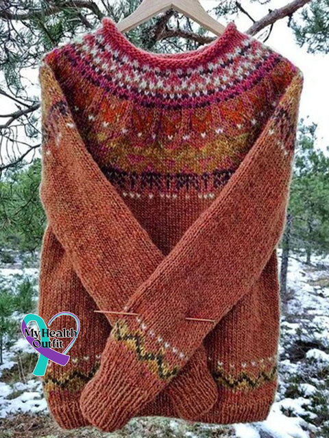 Retro Print Knit Crew Neck Pullover Sweater Red / S