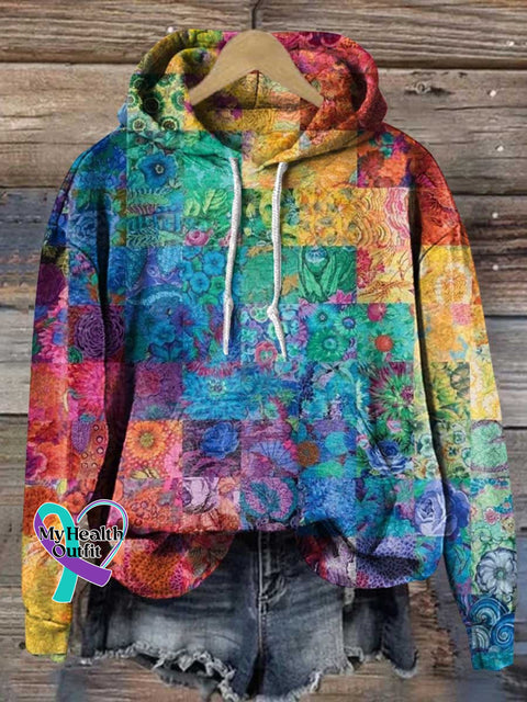 Retro Rainbow Floral Pattern Love And Peace Casual Hoodie Sweatshirt Multicolor / S
