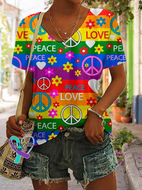Retro Rainbow Peace Love Art Casual T-Shirt Multicolor / S