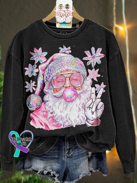 Retro Santa Christmas Blowing Bubble Funny With Sunglasses Casual Sweatshirt Black / S