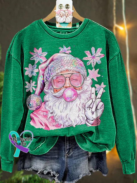 Retro Santa Christmas Blowing Bubble Funny With Sunglasses Casual Sweatshirt Green / S