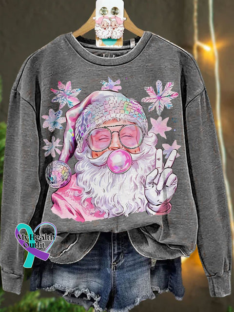 Retro Santa Christmas Blowing Bubble Funny With Sunglasses Casual Sweatshirt Grey / S