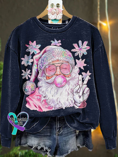 Retro Santa Christmas Blowing Bubble Funny With Sunglasses Casual Sweatshirt Navyblue / S