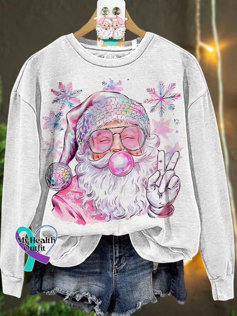 Retro Santa Christmas Blowing Bubble Funny With Sunglasses Casual Sweatshirt White / S