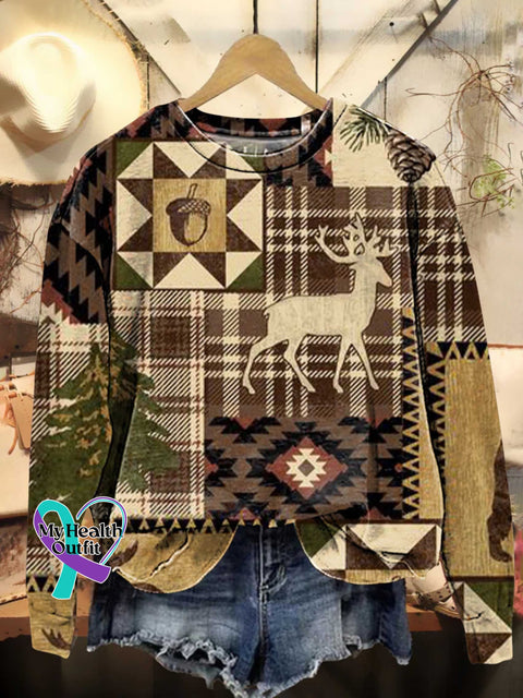 Retro Splicing Christmas Deer Pattern Casual Sweatshirt Multicolor / S