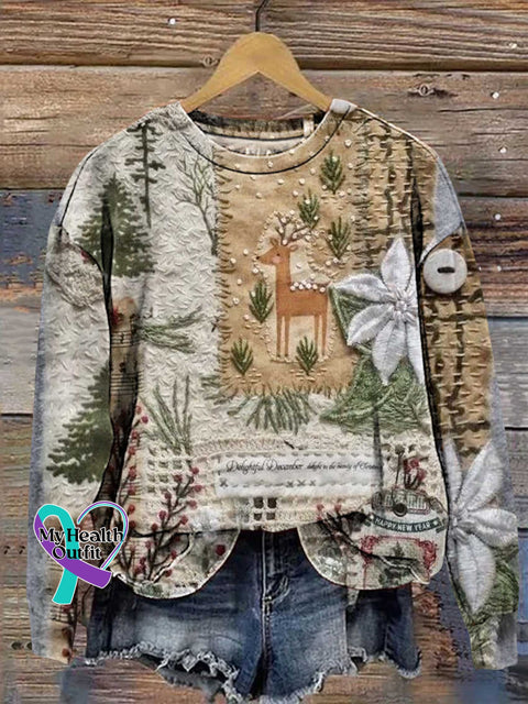 Retro Splicing Christmas Tree Deer Floral Pattern Casual Sweatshirt Multicolor / S