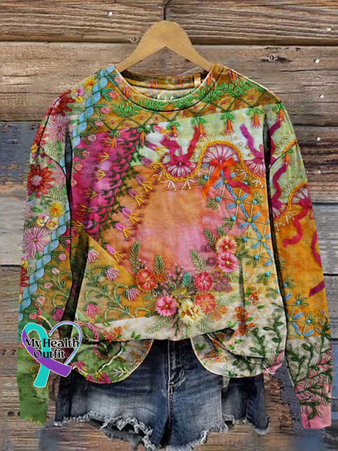 Retro Splicing Floral Pattern Casual Sweatshirt Multicolor / S