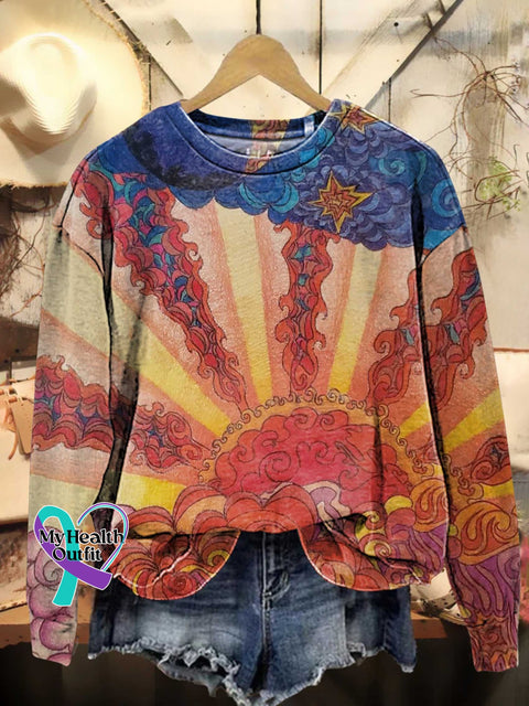 Retro Sun Art Casual Sweatshirt Multicolor / S