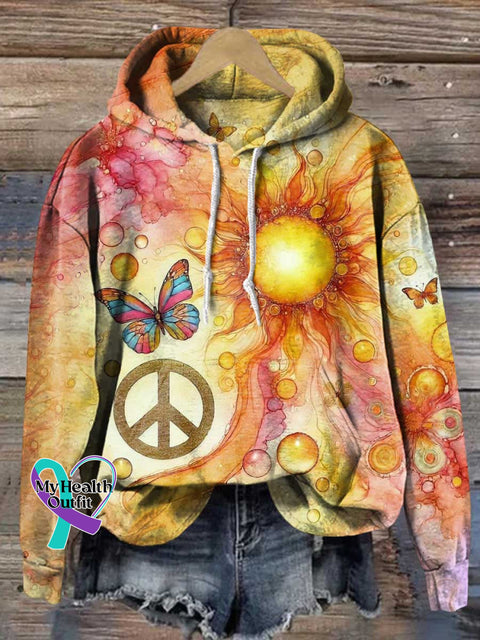 Retro Sun Butterfly Love and Peace Casual Hoodie Sweatshirt Multicolor / S