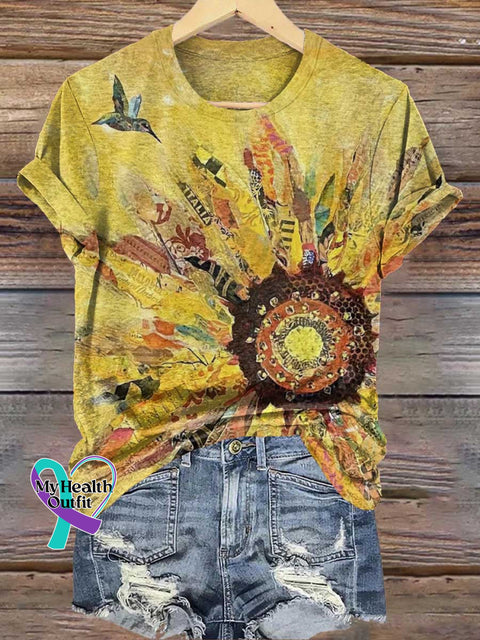 Retro Sunflower Bird Pattern T-shirt Multicolor / S