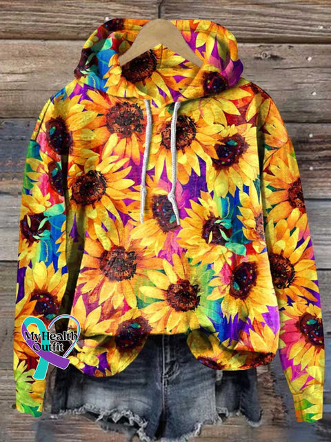 Retro Sunflower Rainbow Art Casual Hoodie Sweatshirt Multicolor / S