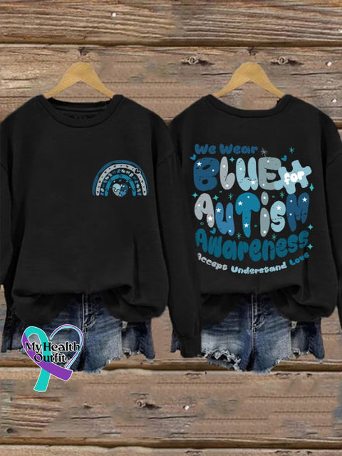 Retro We Wear Blue For Autism Awareness Acceptance Understand Love Print Sweatshirt Black / S