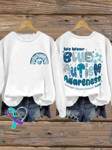 Retro We Wear Blue For Autism Awareness Acceptance Understand Love Print Sweatshirt White / S