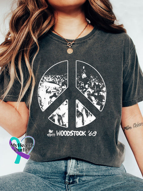 Retro Woodstock 1969 Peace Love Music Printed Classic T-Shirt Black / S