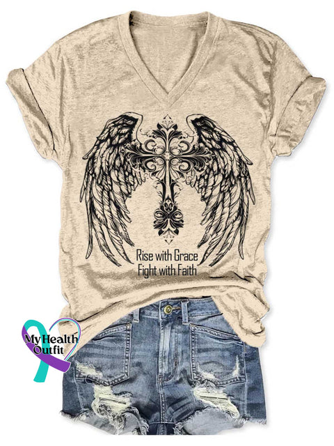 Rise With Grace Fight With Faith Art V neck Casual T Shirt Apricot / S