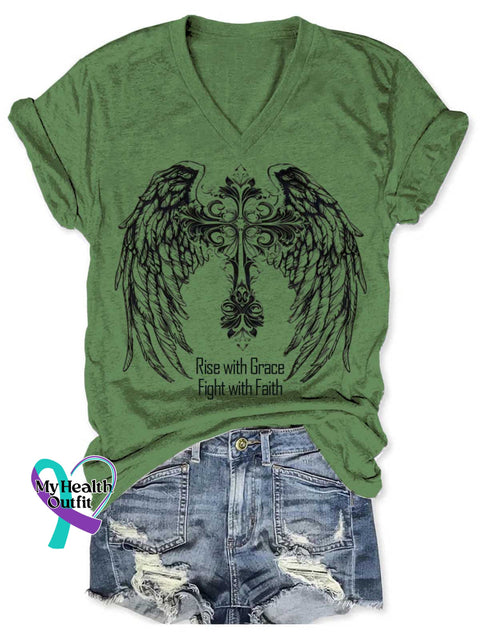 Rise With Grace Fight With Faith Art V neck Casual T Shirt Green / S