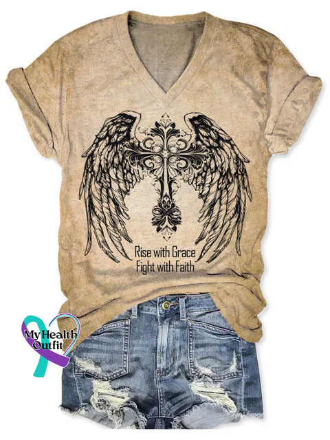 Rise With Grace Fight With Faith Art V neck Casual T Shirt Khaki / S