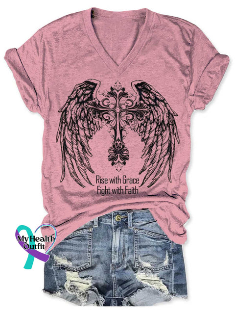 Rise With Grace Fight With Faith Art V neck Casual T Shirt Pink / S