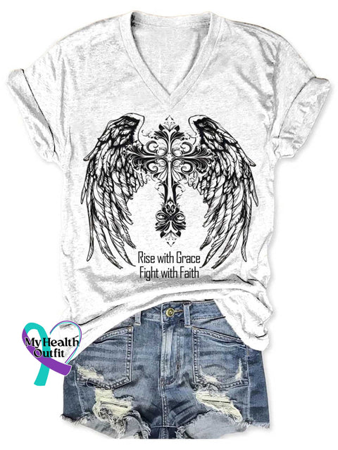 Rise With Grace Fight With Faith Art V neck Casual T Shirt White / S