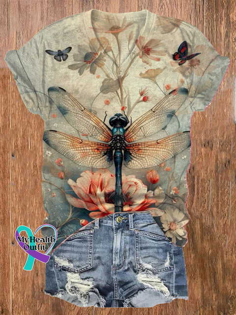 Romantic Dragonfly Floral Print Casual V-Neck Short Sleeve T-Shirt Multicolor / S