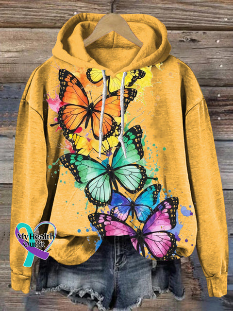 Romantic Rainbow Butterfly Print Casual Hoodie Multicolor / S
