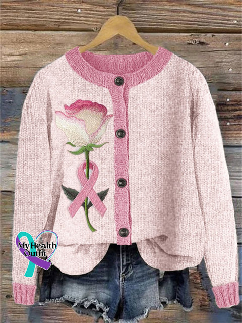 Rose Art Breast Cancer Awareness Print Knit Pullover Sweater Pink / S