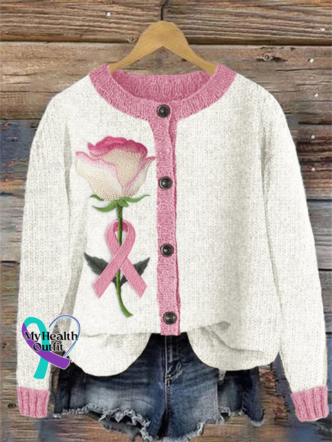 Rose Art Breast Cancer Awareness Print Knit Pullover Sweater White / S