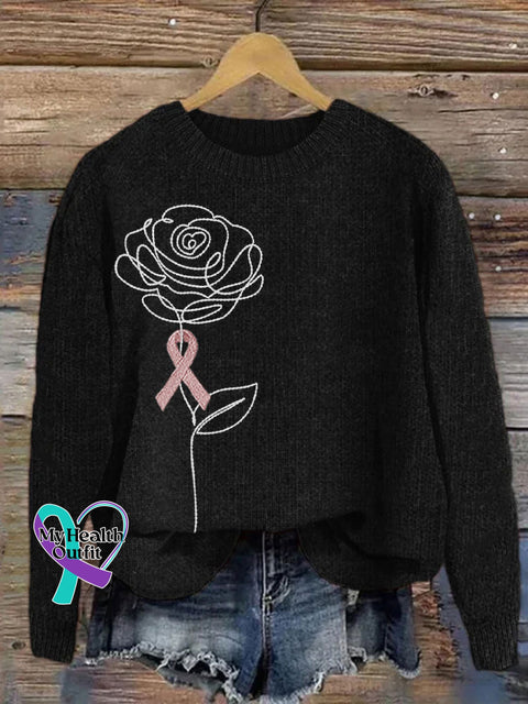 Rose With Pink Ribbon Embroidered Cozy Knit Sweater Black / S