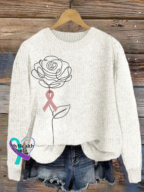Rose With Pink Ribbon Embroidered Cozy Knit Sweater Creamy White / S