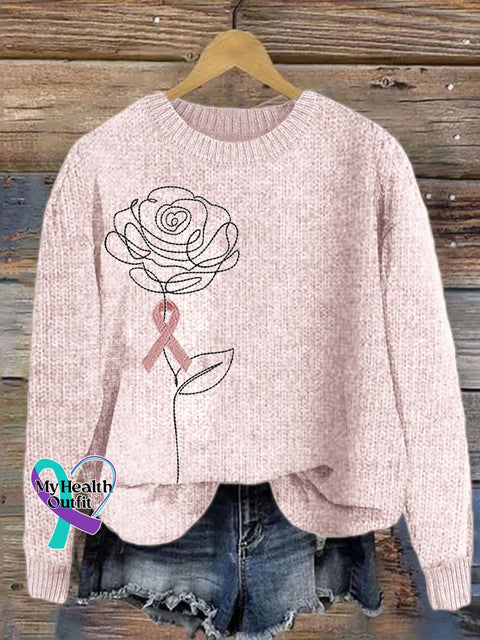 Rose With Pink Ribbon Embroidered Cozy Knit Sweater / S