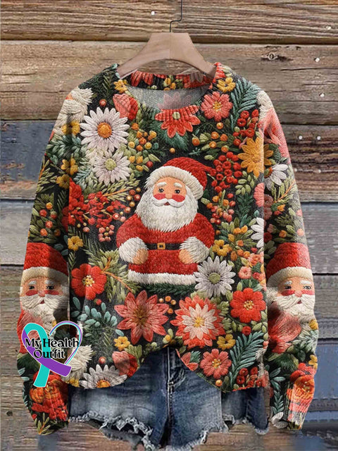 Santa Christmas Art Print Knit Pullover Sweater Multicolor / S