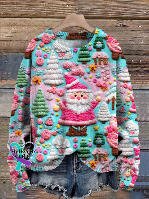 Santa Christmas Art Print Knit Pullover Sweater Multicolor / S