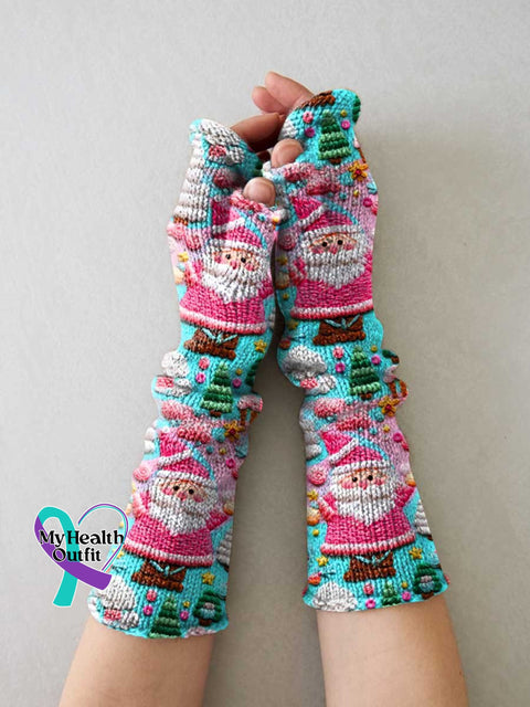 Santa Christmas Print Casual Knit Gloves Leg Sets Hat Red /