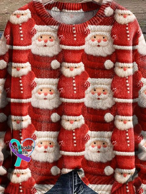 Santa Faux Christmas Print Knit Pullover Sweater
