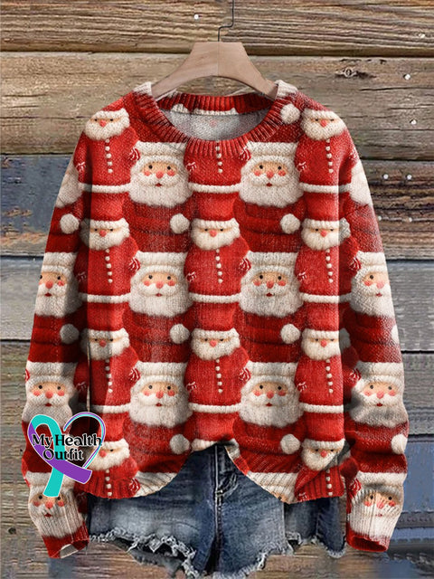 Santa Faux Christmas Print Knit Pullover Sweater Red / S
