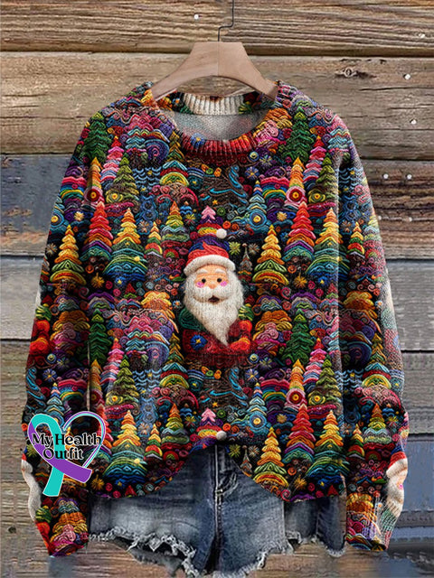 Santa Rainbow Christmas Tree Print Knit Pullover Sweater Multicolor / S
