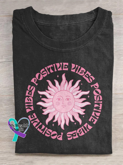 Say ’Positive Vibes’ Three Times Everyday Inspirational Texts And Sun Graphic Printed T-Shirt