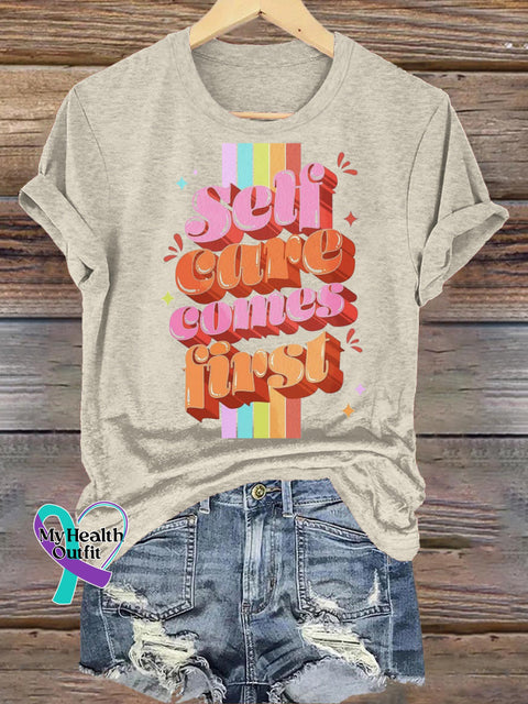 Self Cure Comes First Print Casual Crew Neck Short Sleeve T-Shirt Beige / S