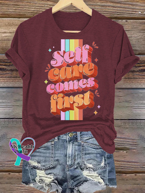 Self Cure Comes First Print Casual Crew Neck Short Sleeve T-Shirt Brown / S