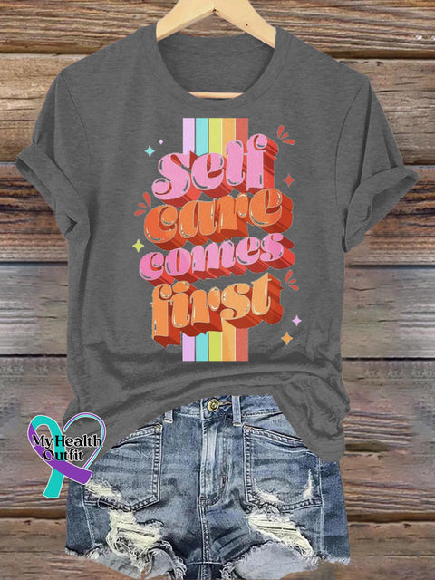 Self Cure Comes First Print Casual Crew Neck Short Sleeve T-Shirt Grey / S